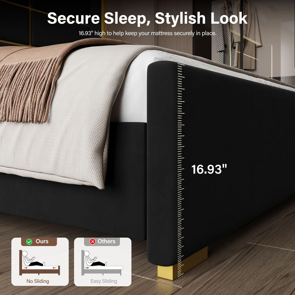 Queen Bed Frame with Headboard, 66.93" Tall Bed, Black and Gold