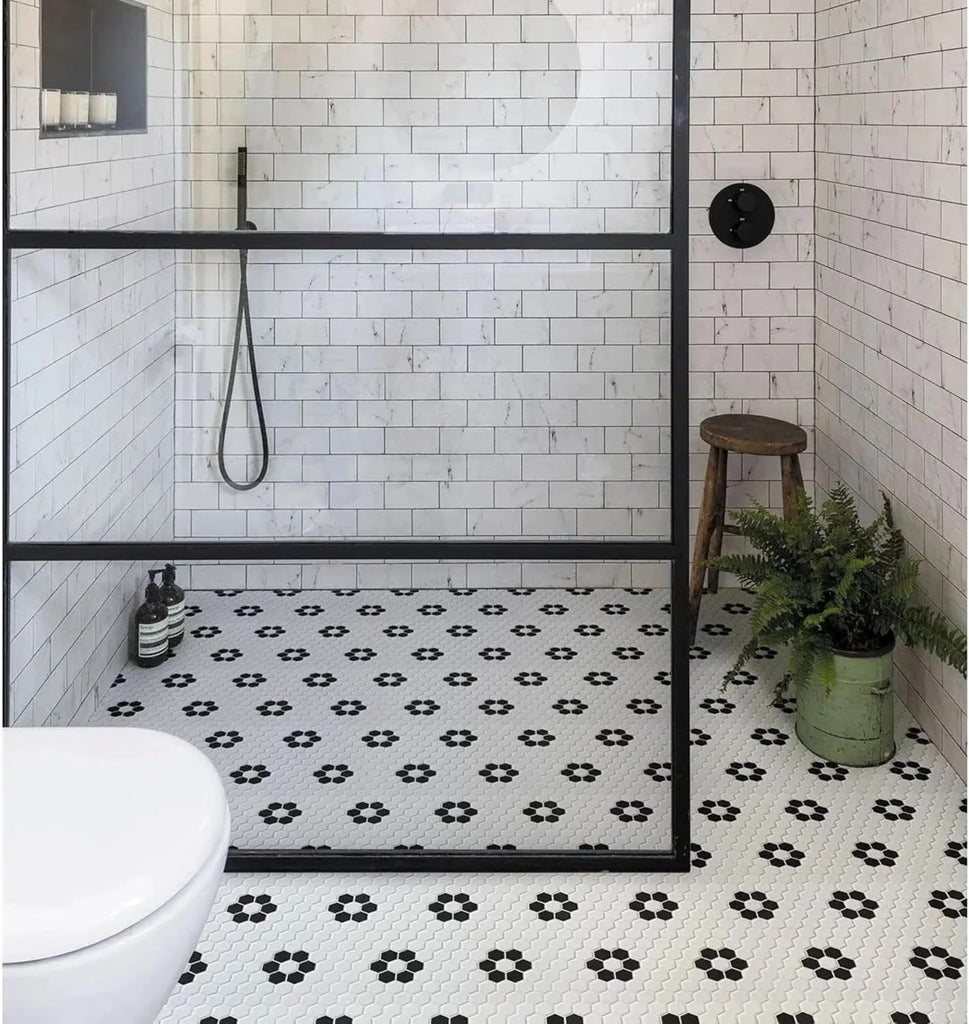 Hexagon Matte White with Black Hexagon Flower Pattern Porcelain Mosaic Floor and Wall Tile Backsplash, Bathroom