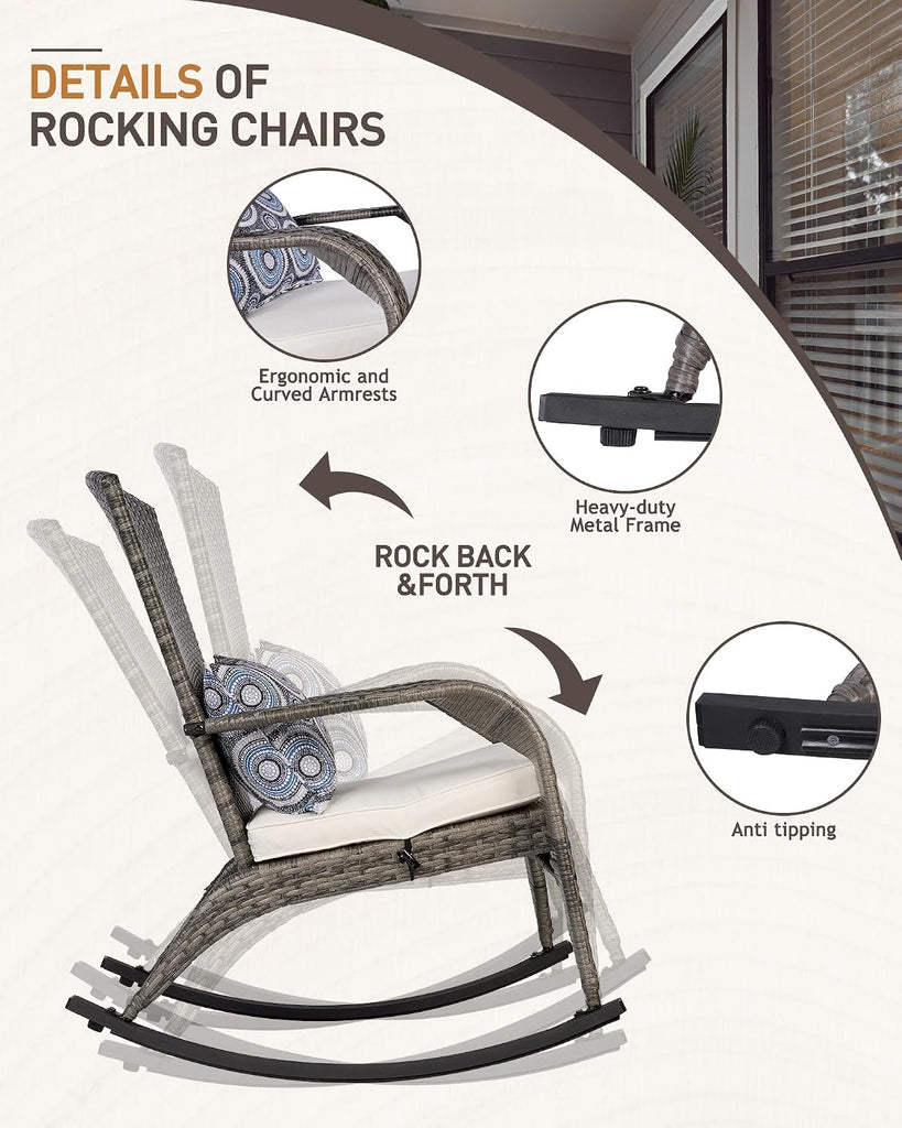 Outdoor Rocking Chair, Patio Rattan Rocker Chair with Cushions & Steel Frame, All Weather Porch Rocking Chair for