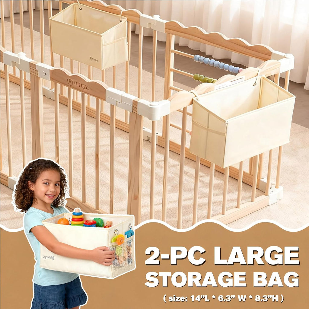 Foldable Wooden Baby Playpen, Adjustable Safety Playpen, 86x57x25in | Adjustable Shape & Size with 2-Pack Storage