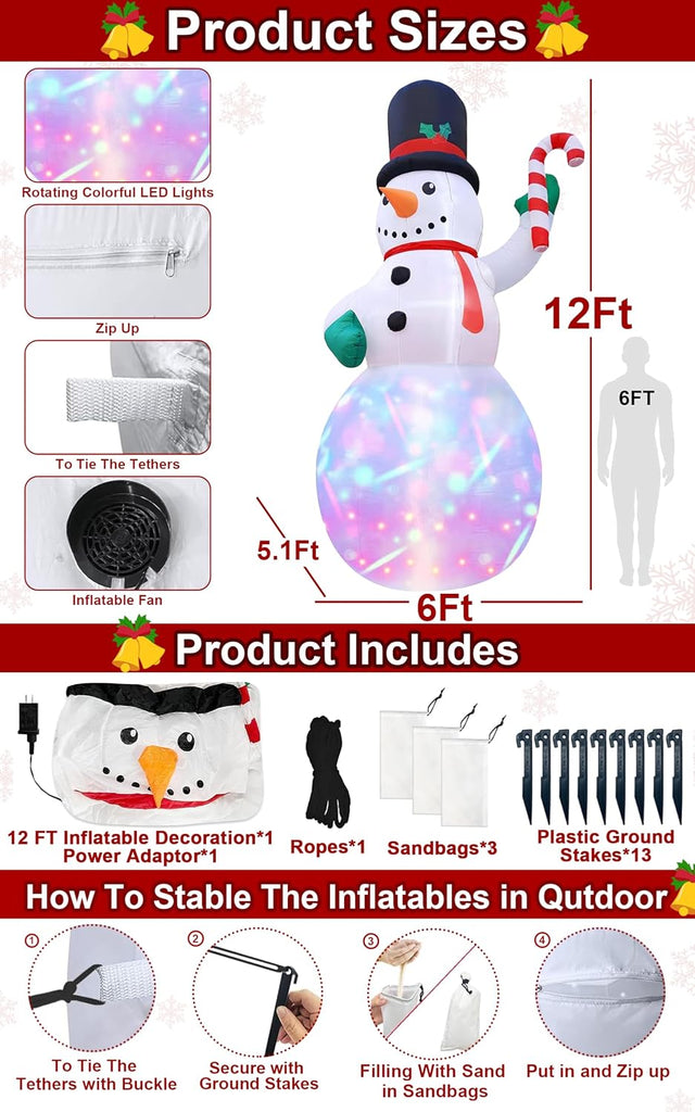 12 Ft by 6 Ft Giant Christmas Inflatables Snowman Outdoor Decorations