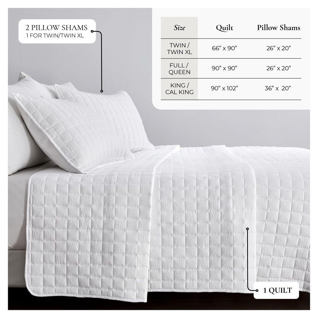 Quilt Set - 3-Piece Seersucker Box-Stitched Bedding Set - Soft, Lightweight, All-Season