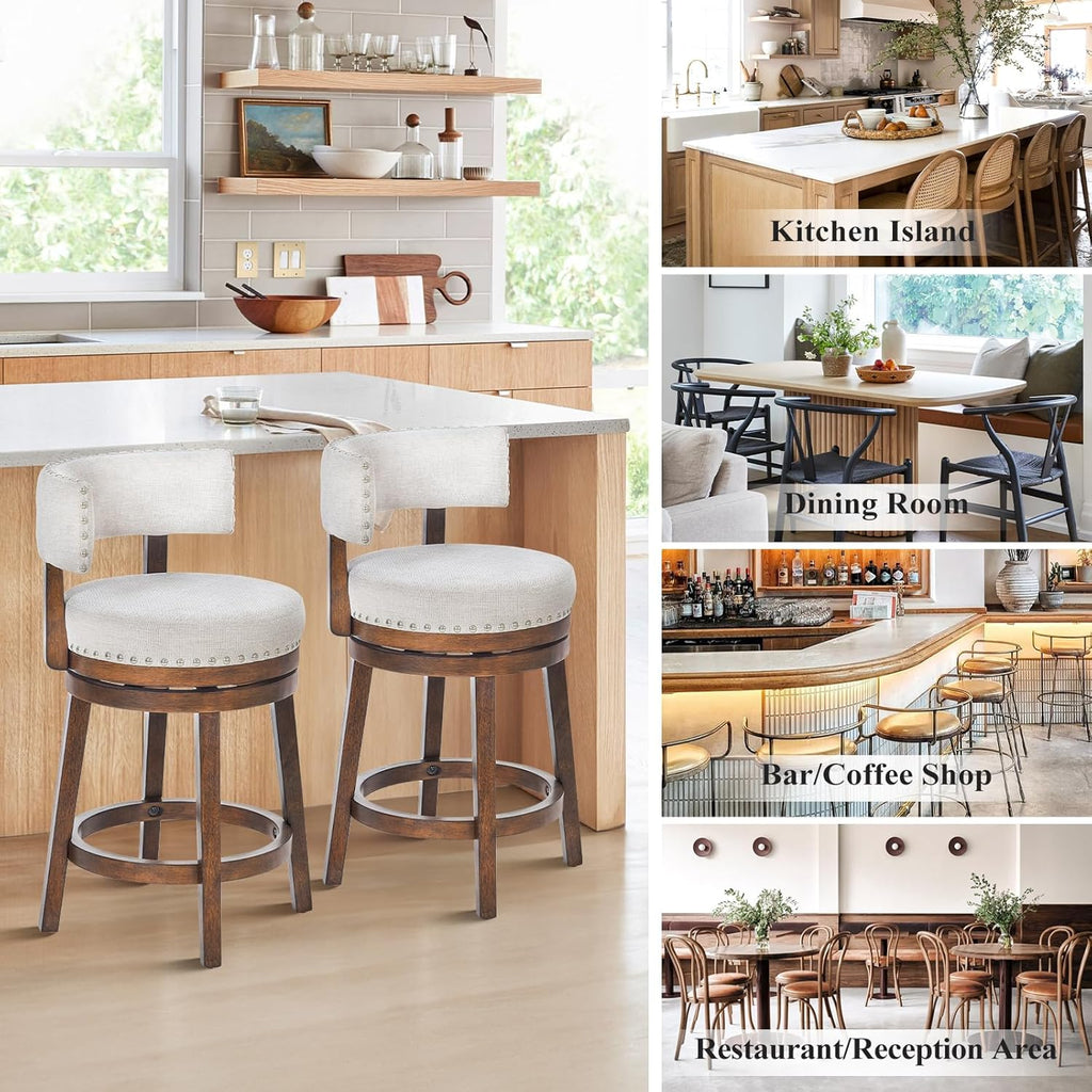 Swivel Counter Height Bar Stools Set of 3, 25 Inch Modern Upholstered Kitchen Island Barstools with Back, Wood Swivel