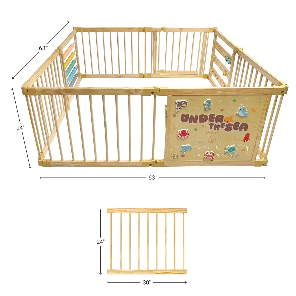 Wooden Playpen Extra Large for Toddlers and Babies - Under The Sea Theme Toy Design - (8/10) Wood Panels - Foldable