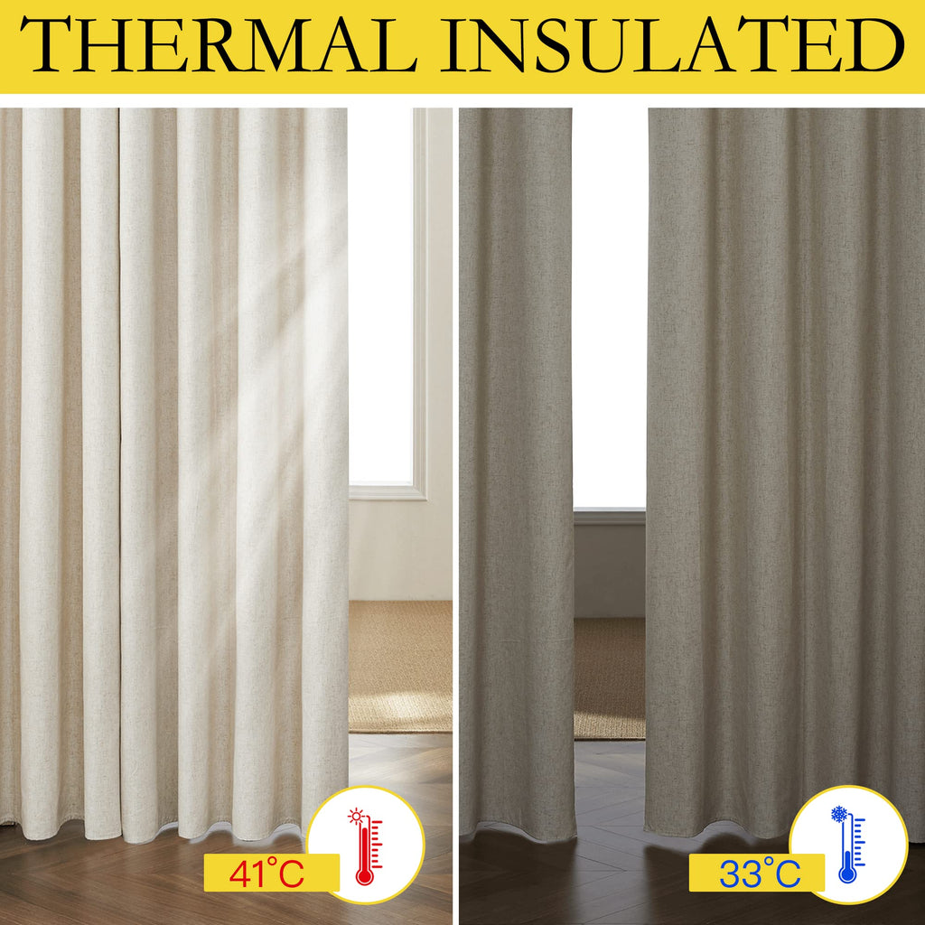 Natural Linen 100% Blackout Curtains 120 inches Length 2 Panels Set with Thermal Insulated Liners, 52" Width