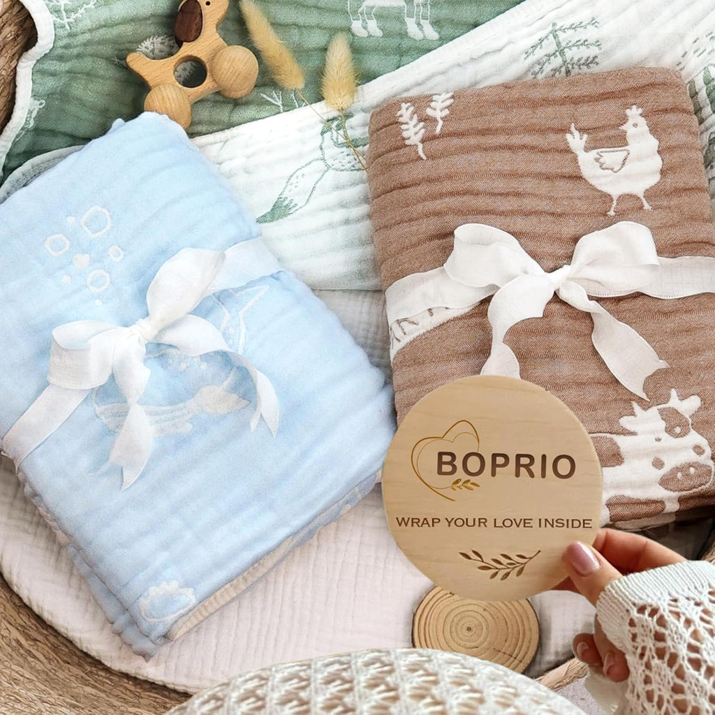 Ultra Soft Muslin Baby Blanket 6 Layers Neutral Swaddles Bed Blankets with Lovey Animal Design for Newborn Babies