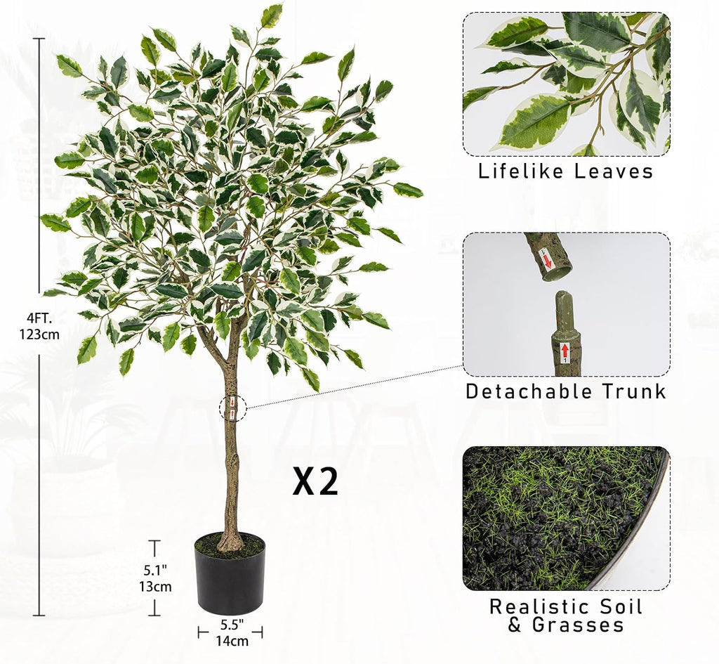 Ficus Artificial Trees for Outdoors Indoor, 4ft Big Fake Plants with Pot and Realistic Leaves, Faux Plants - Set of 2