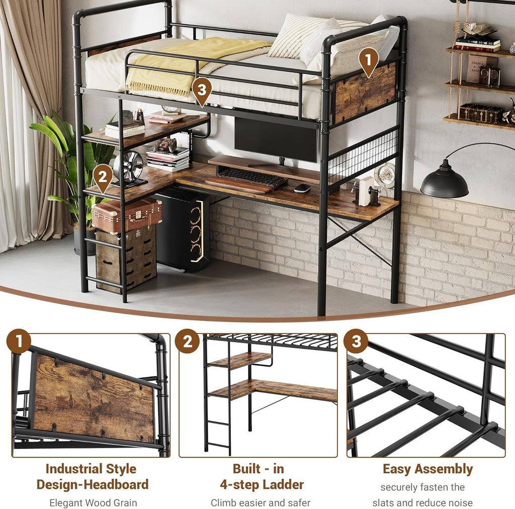 Loft Bed Twin with l-Shaped Desk, Metal Bunk Bed with 2 Open Shelves and Decorative Mesh