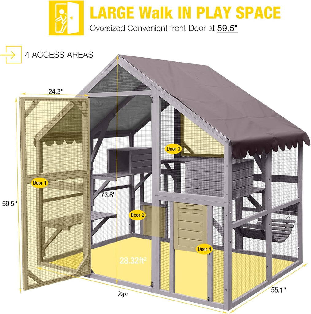 Cat House Outdoor Catio Kitty Enclosure with Super Large Enter Door, Wooden Cat Cage Condo Indoor Playpen