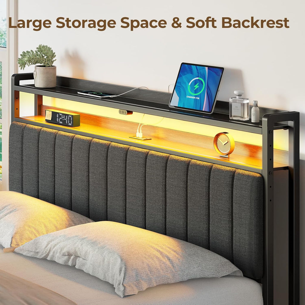 Headboard for King Bed with Storage, 60,000 DIY Color of LED Light, Head Board with USB & Type C Port
