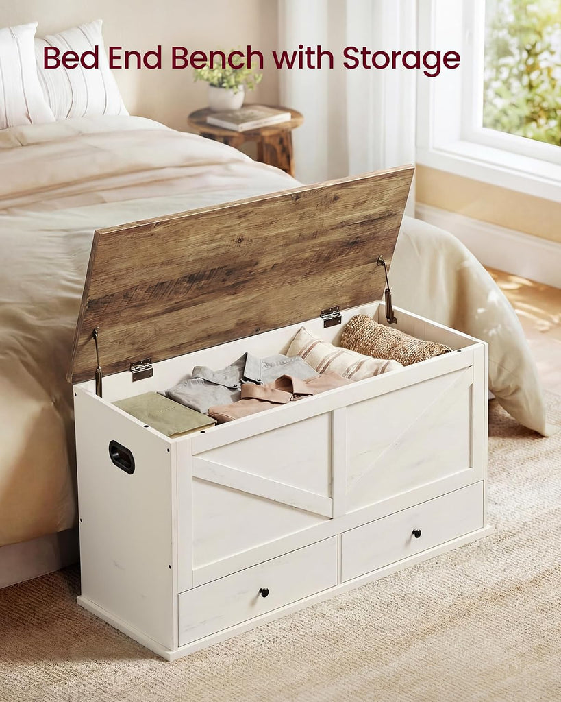Storage Chest, Storage Bench with 2 Fabric Drawers, Farmhouse Style, 15.7 x 39.4 x 19.9 Inches, Rustic White and