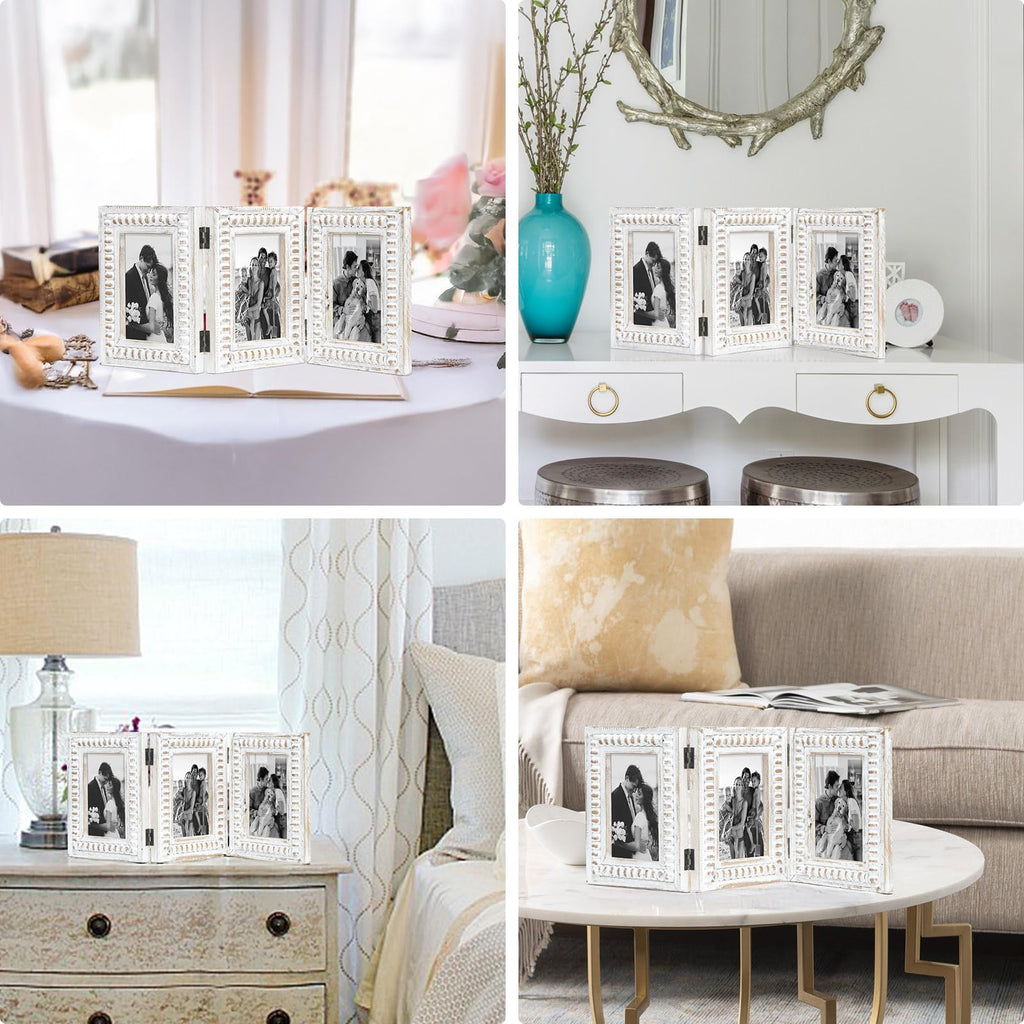 HOME Whitewashed Folding 3 Picture Frame 4x6, Wooden Triple 4 x 6 Picture Frame for Tabletop Display, Farmhouse