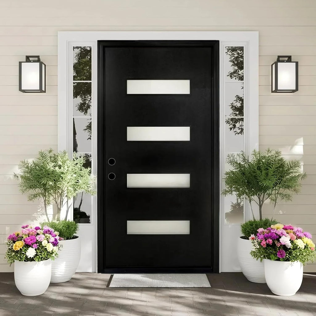 Fiberglass Entry Door Right Hand Inswing, 36 x 80, 4 Lite Frosted Glass 4-9/16 in. Vinyl Frame, Contemporary Style for