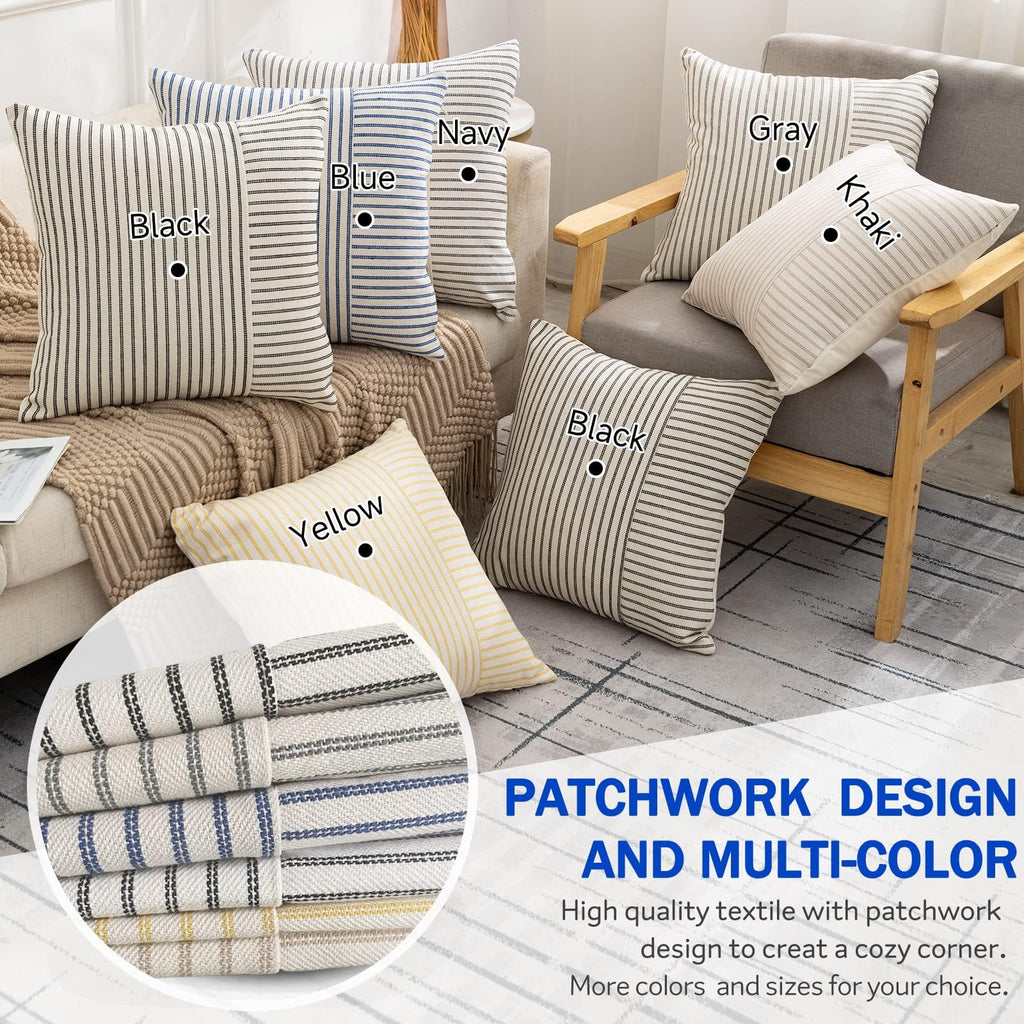 Farmhouse Pillow Covers 12x20, Modern Accent Lumbar Throw Pillow Covers Set of 2, Blue and Beige Striped Patchwork