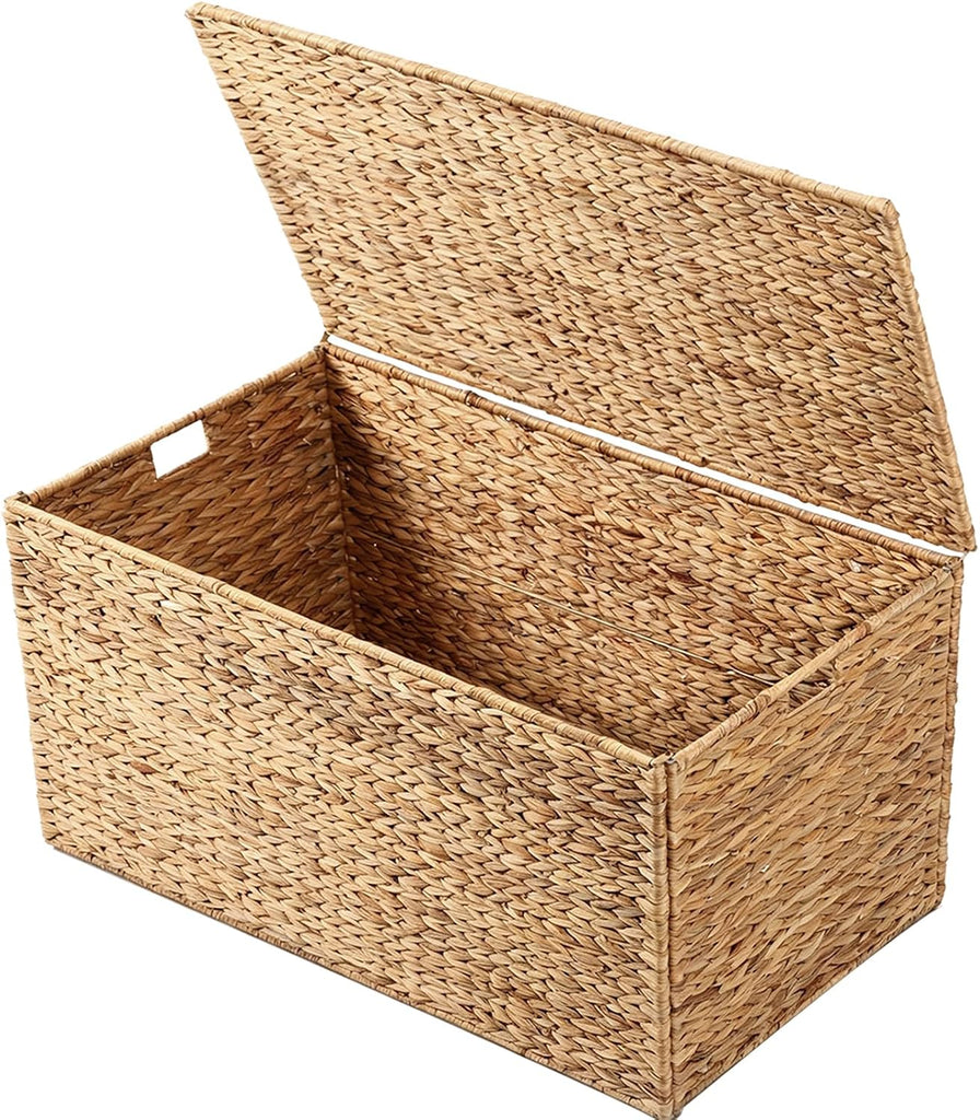 Water Hyacinth Wicker Storage Trunk with Metal Frame 36x20x18.5Inch Large Rattan Basket Decorative Blanket Chest