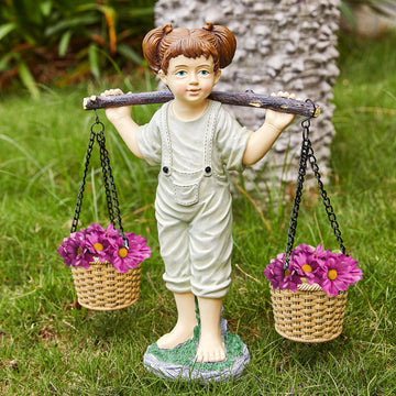 Large Flowers Girl Garden Statue In Stone, Flower & Succulent Planter, Pot Carrying Plants, Pots, Adorable Yard Decor