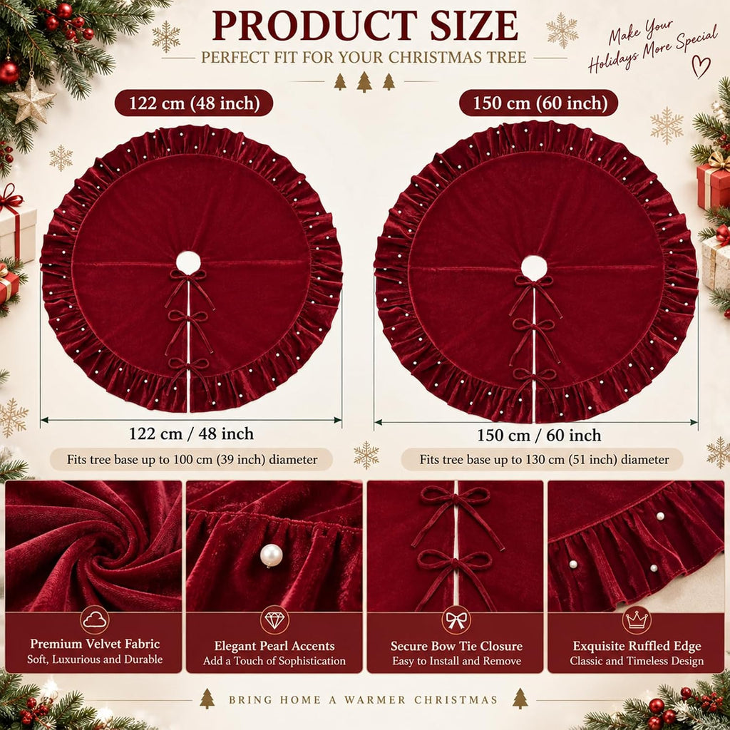 Christmas Velvet Tree Skirt 60 Inch, Wine Red Burgundy Xmas Tree Skirt with Pearl Beaded Ruffle Trim and 3 Bow Ties