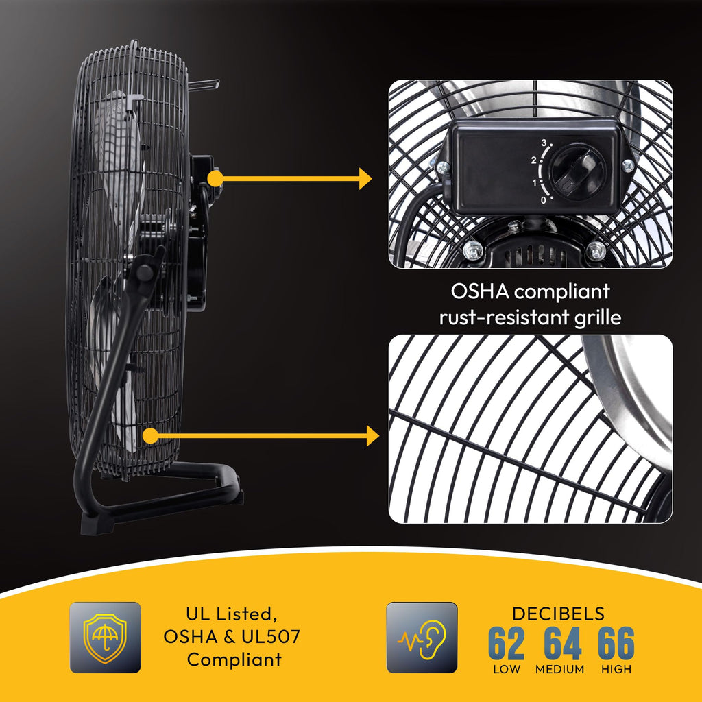 20 Inch High Velocity Metal Floor Fan, 3-Speed Powerful Cooling, 120° Adjustable Tilt, 6.0 FT Cord, UL Safety Listed