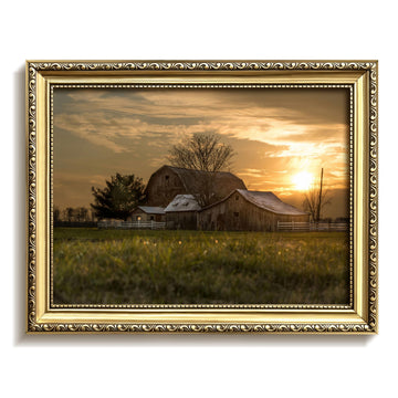Vintage Gold Framed Sunset Farmhouse Wall Art, Rustic Country Barn Canvas Painting Print Picture, Retro Rural