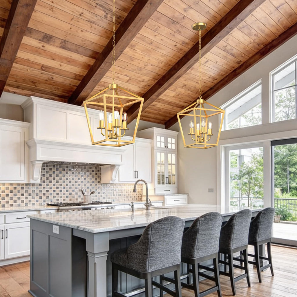 4-Light Gold Chandelier, Modern Farmhouse Lantern Light Fixture
