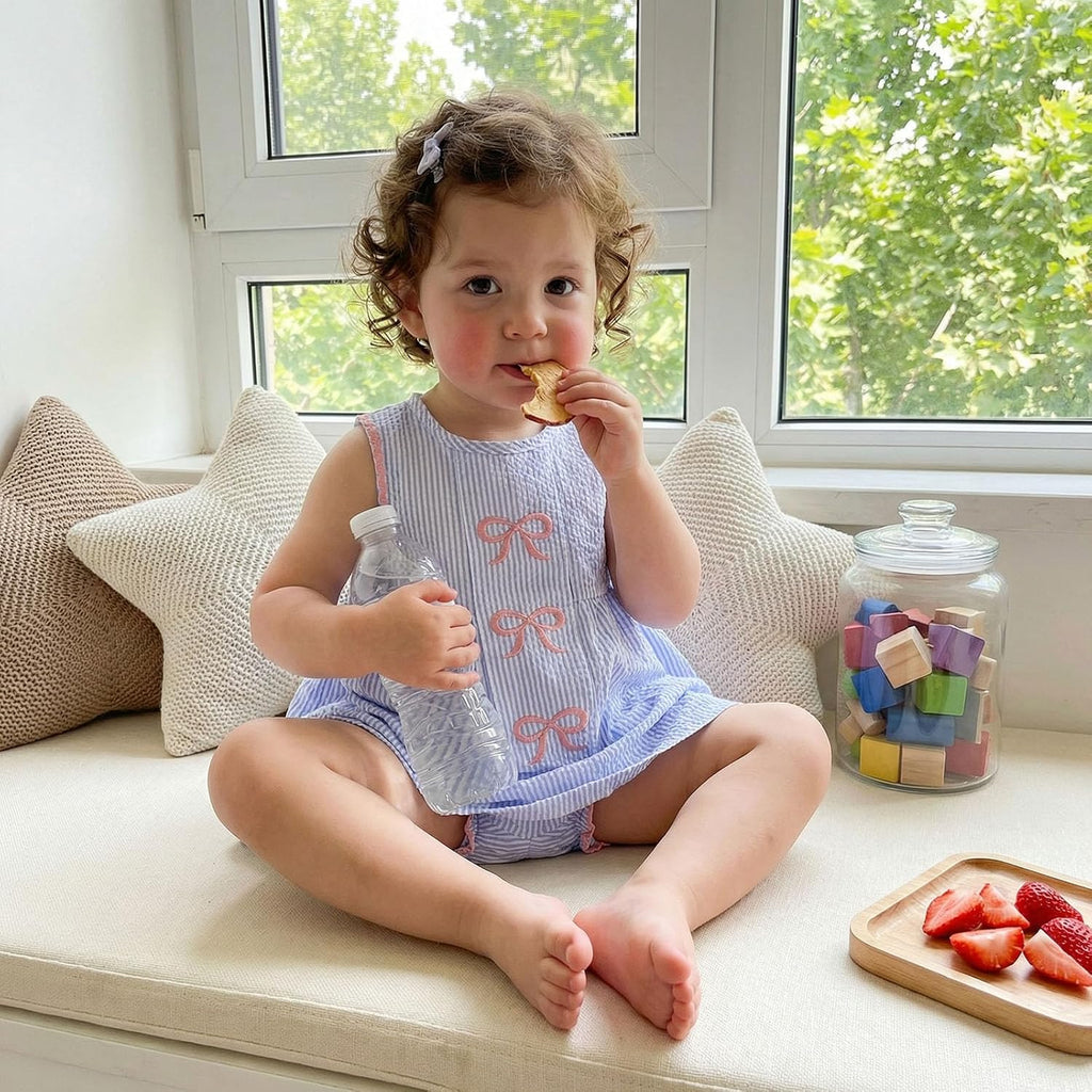 Baby Girl Summer Outfit Bow Embroidered Sleeveless Striped Tank Tops and Ruffle Bloomer Shorts Sets