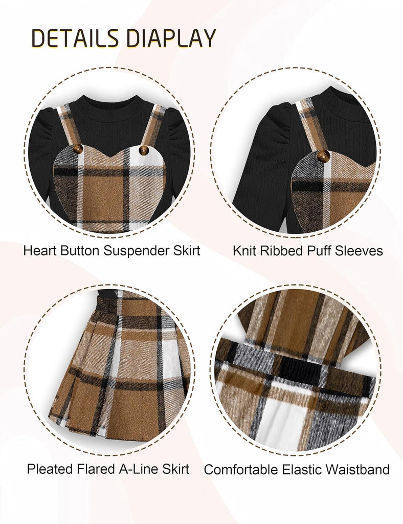 Toddler Girl Plaid Outfits Knit Ribbed Tops Heart Suspender Skirts