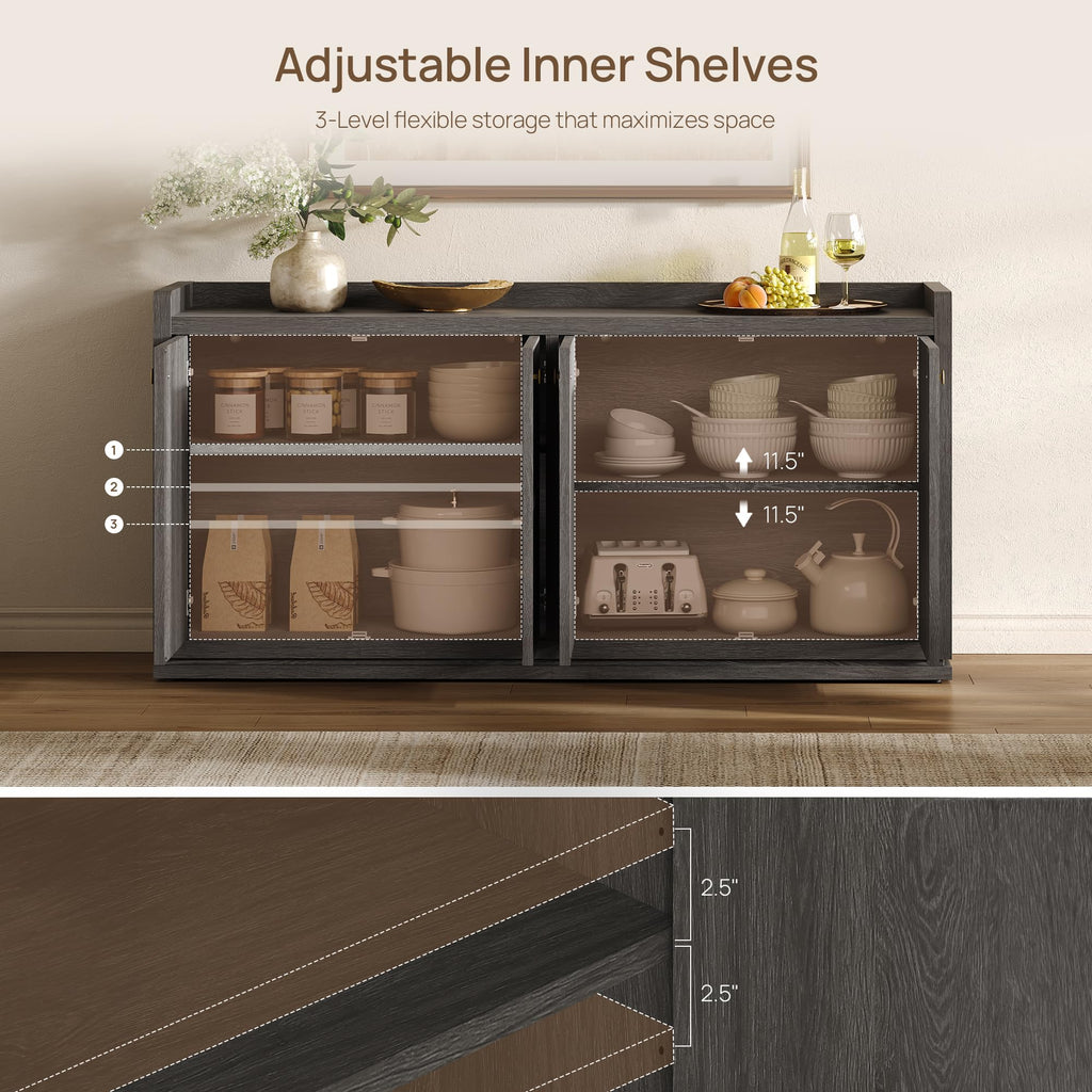 61.7" 4-Door Buffet Sideboard Cabinet Living Room, Dark Gray Oak