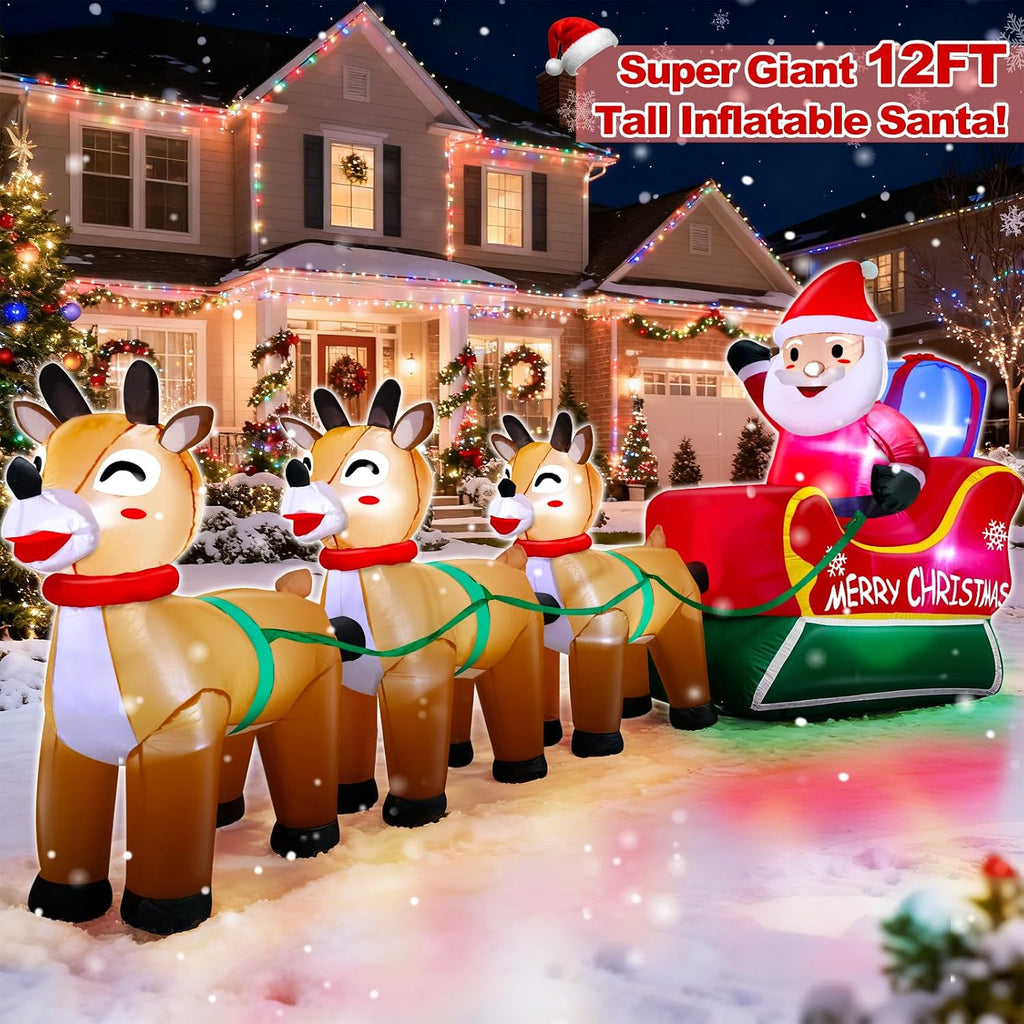 12 Feet Long Christmas Inflatables Santa Claus with Three Reindeer Built-in LED Lights, Blow Up Christmas Outdoor