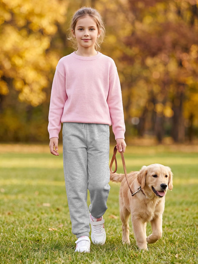 4 Pack Girls Fleece Lined Joggers Winter Sweatpants Cotton Blend Warm Drawstring Athletic Pants with Pockets for Kids