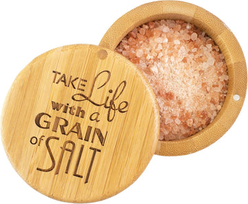 Salt Cellar Bamboo Storage Box with Magnetic Swivel Lid, 6 Ounce Capacity, "Take Life with a Grain of Salt" Engraved