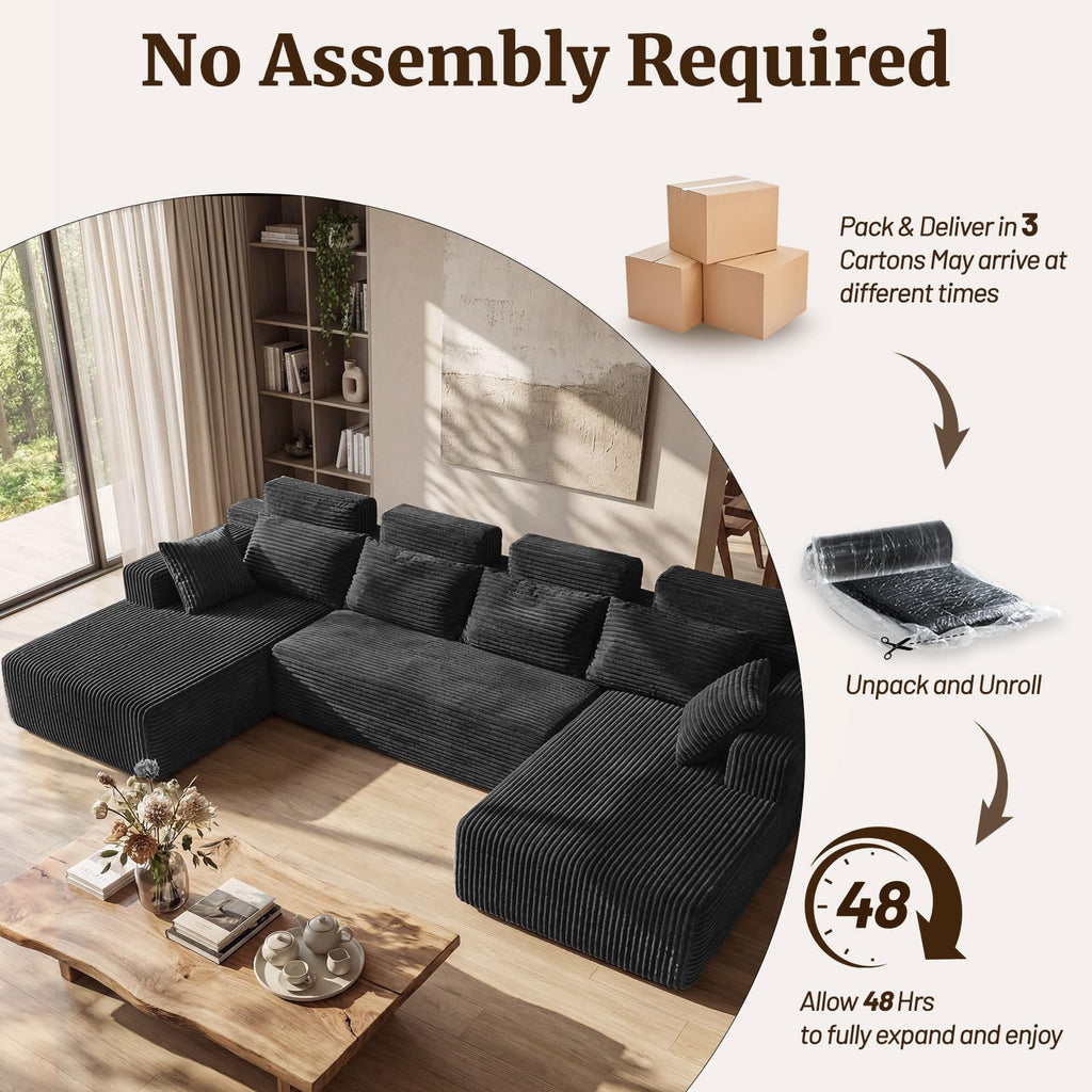 134" Boneless Couches - Modular Sectional Sofa U Shaped Oversized Deep Seat High Back Corduroy No Assembly Modern