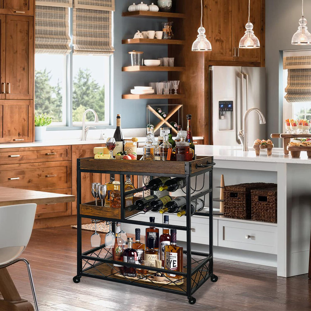 Bar Cart Industrial Mobile Kitchen Serving Carts 3 Tier Storage Trolley with Wine Rack Glasses Holder Two Portable