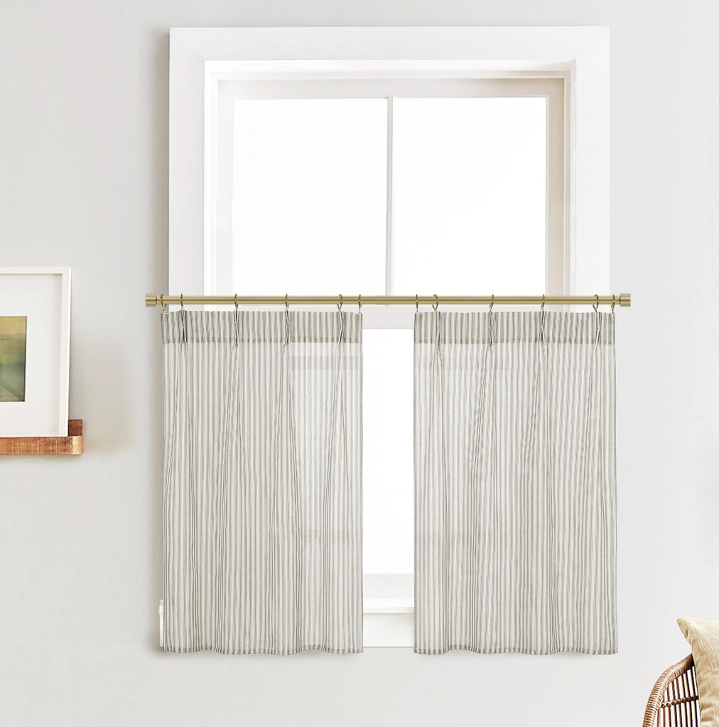 Small Window Curtains, Pinch Pleated Cafe Curtain 24 Inch Length, Linen Farmhouse Sheer Taupe Pinstripe Ticking Stripe
