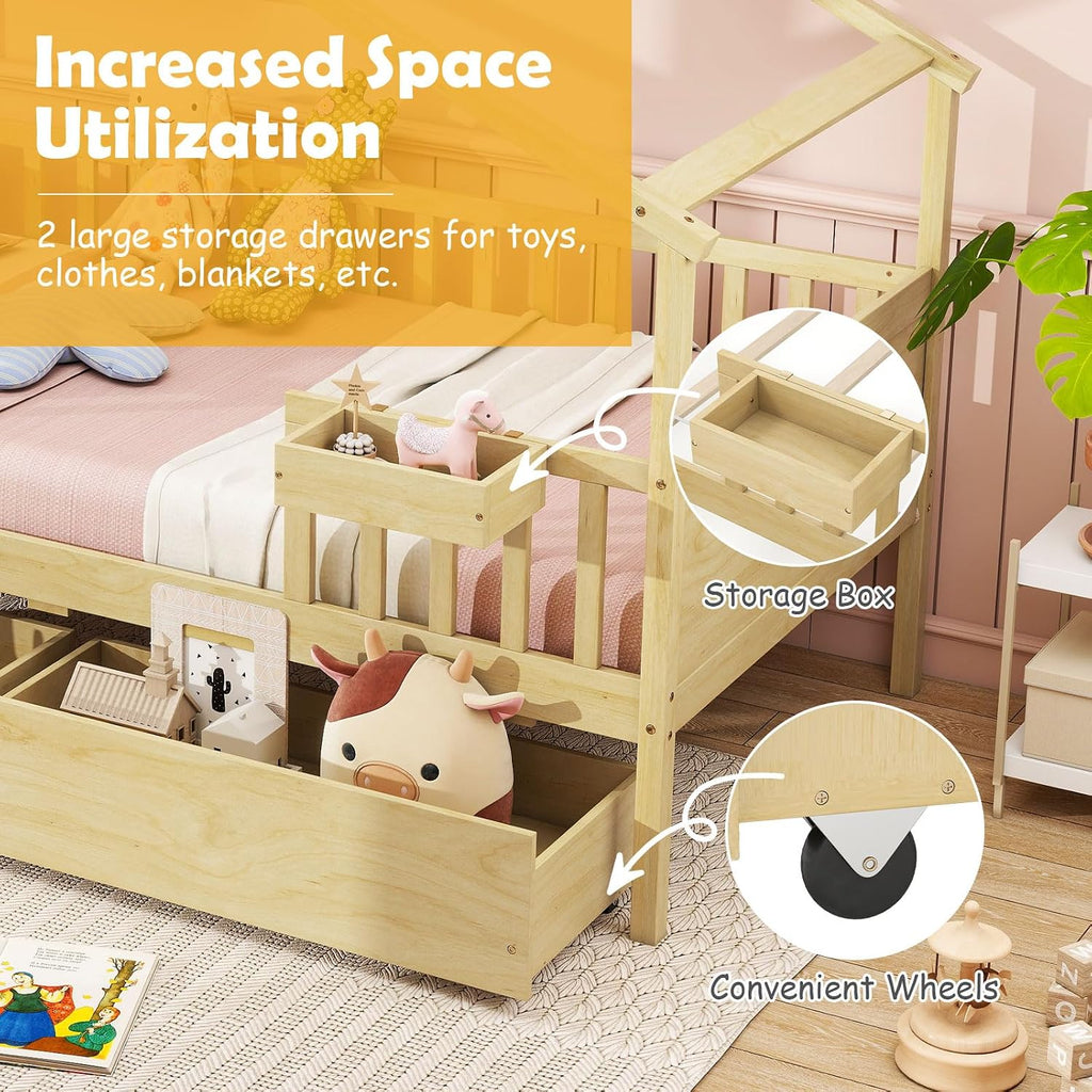 Tw Bed with Drawers, Wooden Bed Frame with Cube Storage & Fence Rails, Montessori Beds for Kids Boys, Girls