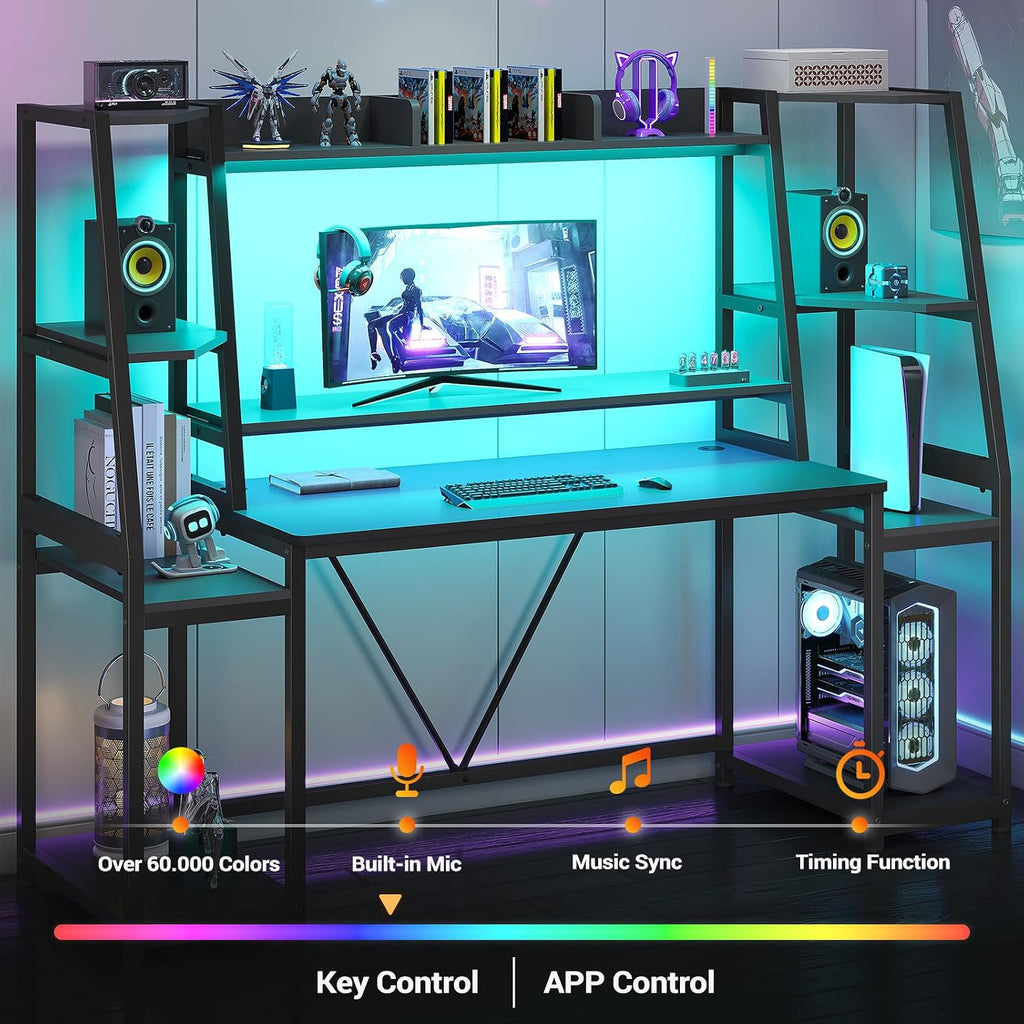 65.7'' Gaming Desk with LED Lights, Hutch and Storage Shelves, Black | Computer Desk with Monitor Stand, Large PC