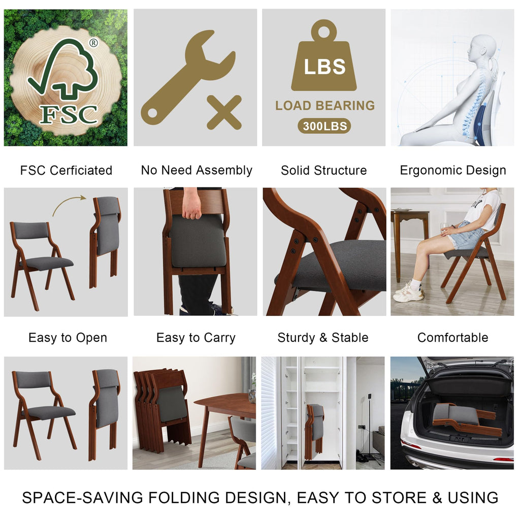 Foldable Chair with Padded Seat, Wooden Portable Folding Dining Chair W/Ergonomically Designed Back and Cushion, Easy