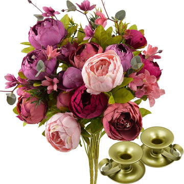 Mystic Blush Silk Peony & Bouquet with 2 Gold Taper Candle Holders; Vintage-Inspired Artificial for Weddings & Home