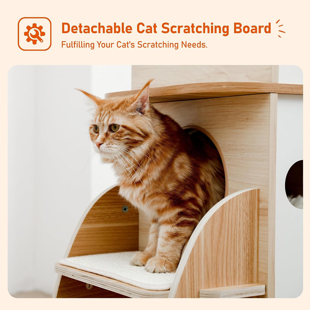 Modern Cat Tree Rocket Shape, 54" Wood Cat Tower Multilevel for Indoor Cats, Cat Furniture with 3 Condos, Dangling