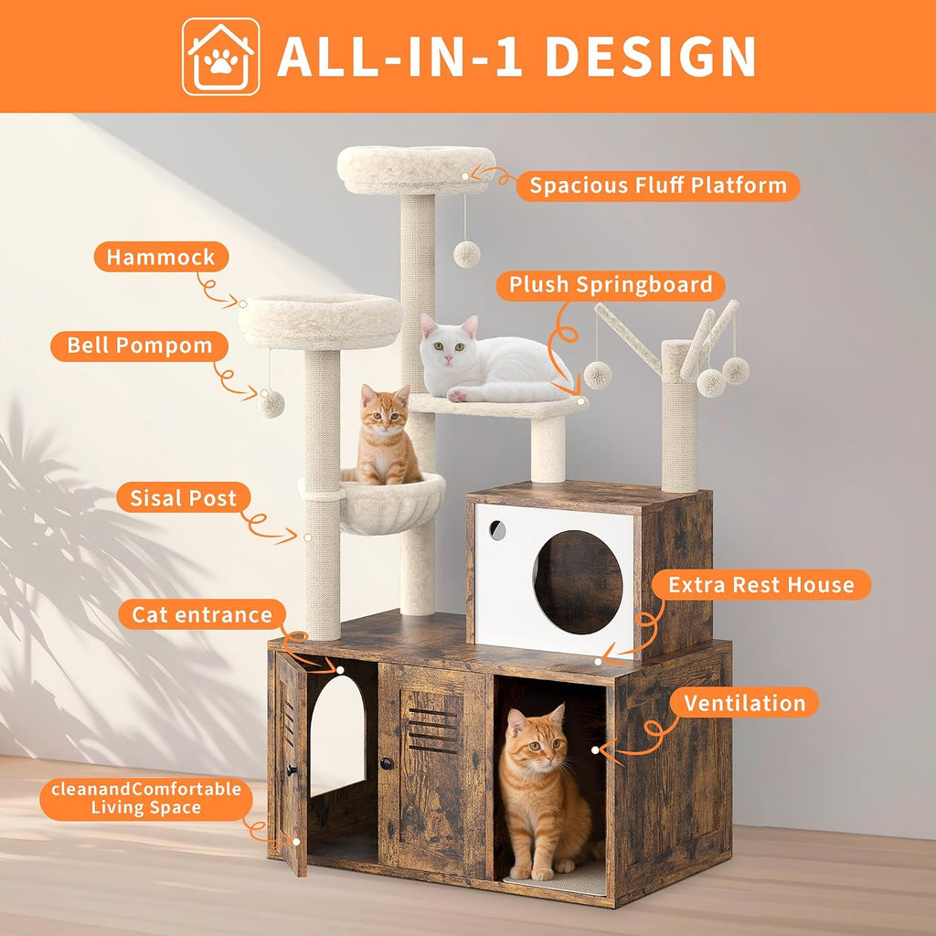 Cat Litter Box Enclosure with Tree Tower and Condo, Hidden Pet Washroom Furniture with Sisal Scratching Post, Hammocks