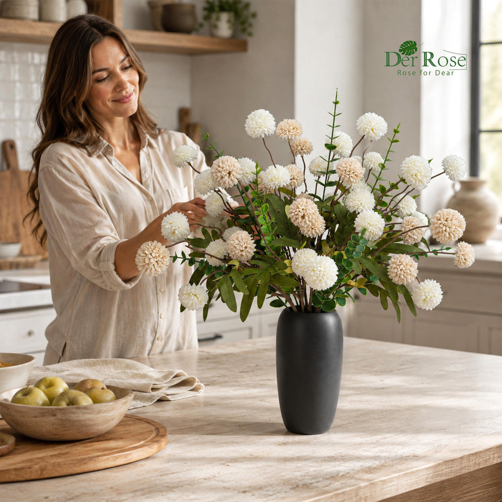 Fake Flowers in Ceramic Vase, 18Pcs White Blooms for Spring Decor