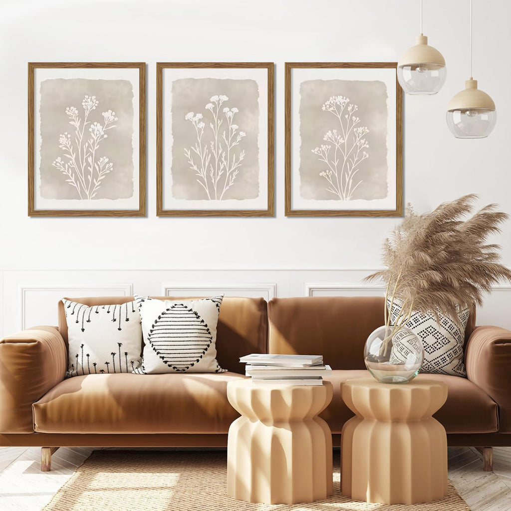 Framed Boho Botanical Flower Wall Art Set of 3, Vintage Minimalist Neutral Floral Wall Decor Paintings, Rustic
