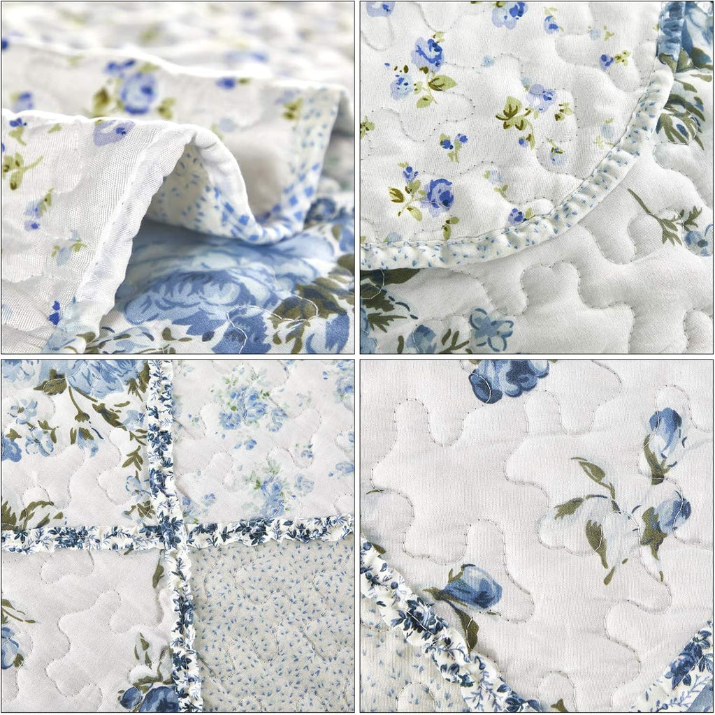Blue Floral Patchwork Quilt Set, Full Queen, 3 Piece Bedding Set with 2 Pillowcases