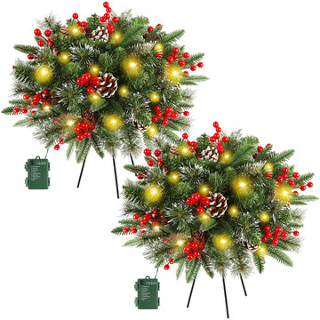 2 Pack Pre-lit Christmas Tree Urn Filler, Lighted Artificial Xmas Pine Trees with Tripod Stake, 8 Modes & Timer