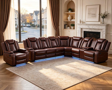 Power Recliner Sofa Sectional Couch with LED Light, Burgundy Leather Reclining Corner Sectional Sofa with 3
