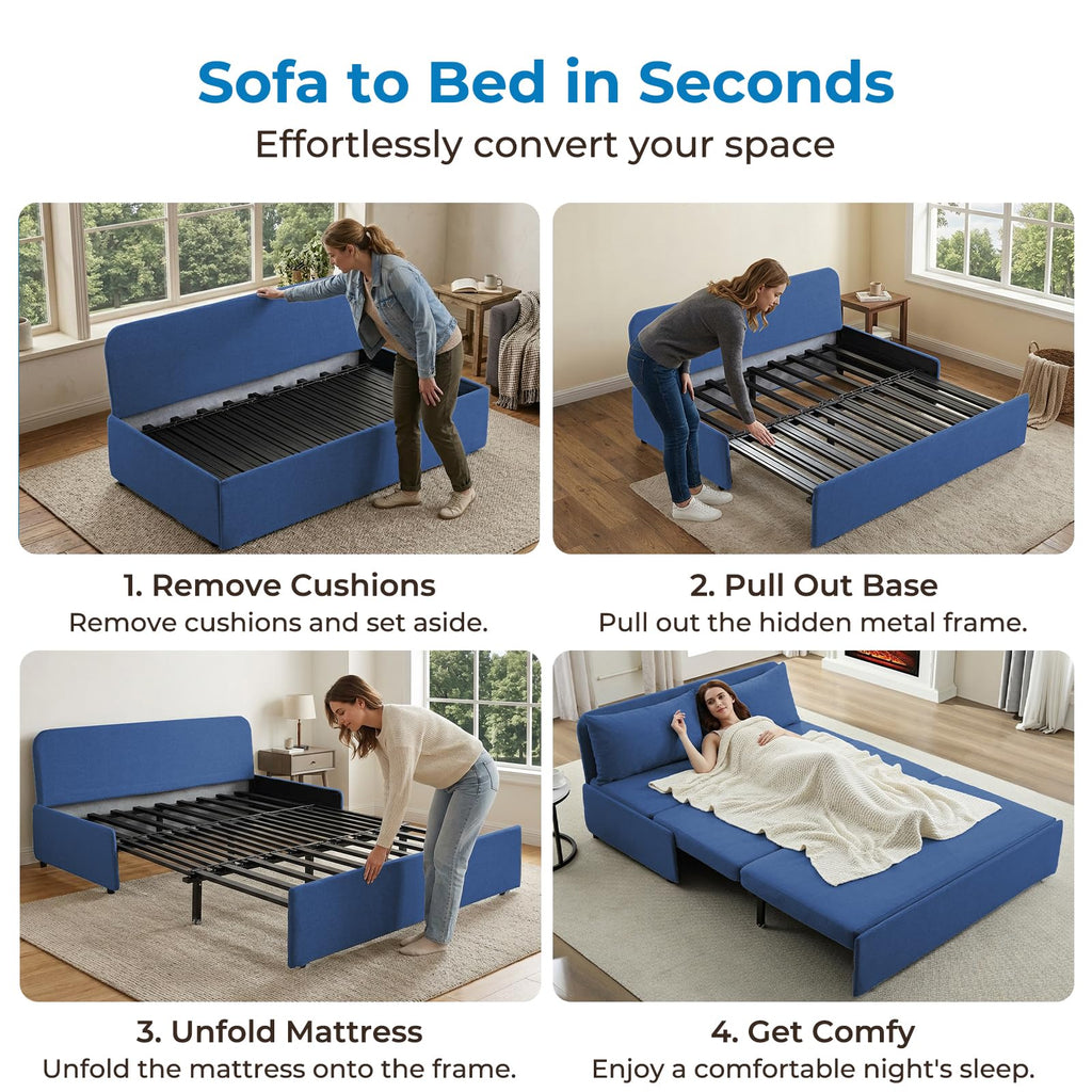 Queen Size Sofa Bed, Linen Pull Out Sleeper Couch Beds, 62" W 2-in-1 Modern Convertible Sofa, Pull Out Sleeper Sofa