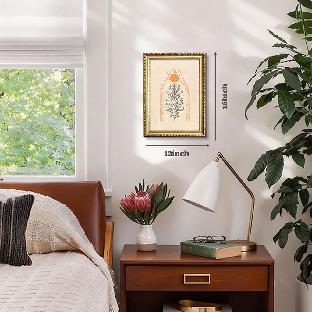 Gold Framed Mid Century Modern Botanical Wall Art, Boho Sun Tree Arch Picture Wall Decor, Neutral Orange Canvas
