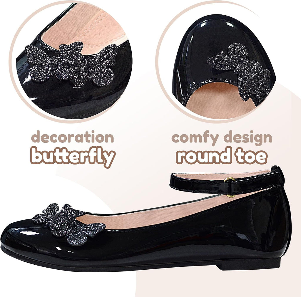 Girls Dress Shoes Butterfly Mary Janes for Girls Hook and Loop Party Wedding Flats Shoes