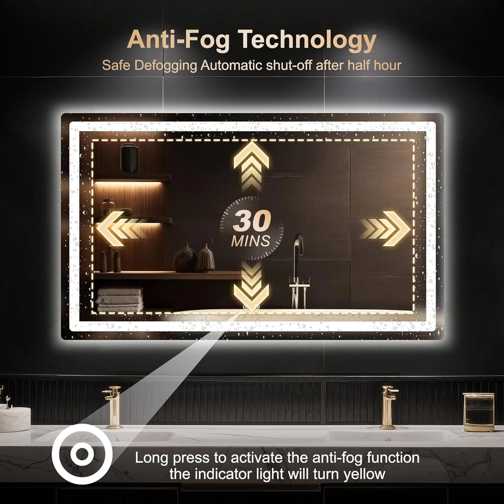 LED Bathroom Mirror with Lights, 30x50 Vanity Mirror Wall, Anti-Fog, Dimmable, Front Lit & Backlit, Memory Function