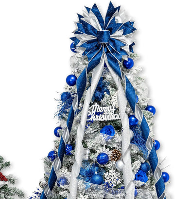 Large Christmas Tree Topper Bow,Blue & Silver 53x13 Inches
