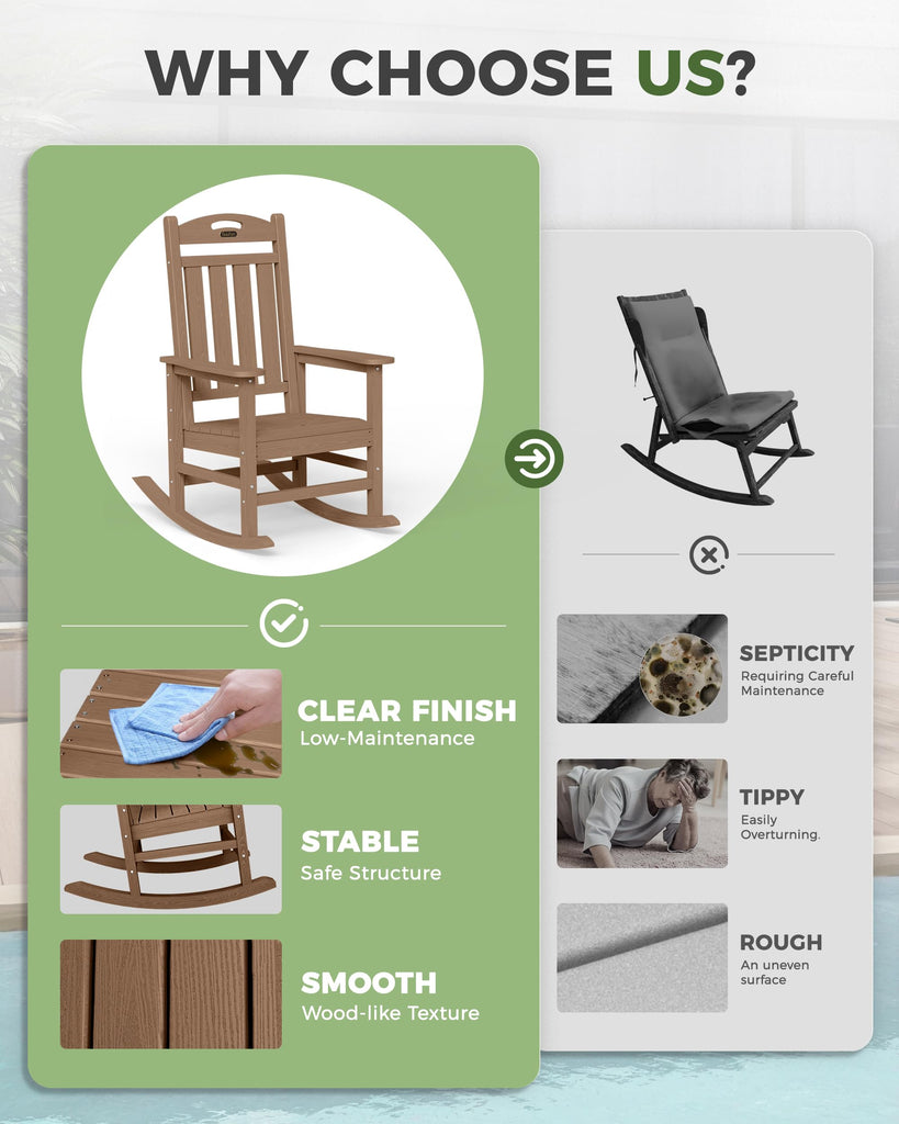Outdoor Rocking Chair, HDPE Patio Rocking Chair, All Weather, Teak